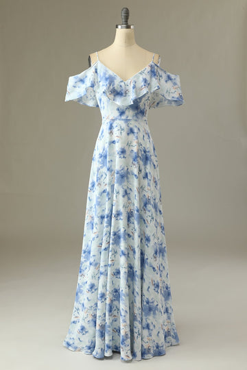 Uma linha fora do ombro azul floral imprimir longo vestido de dama de honra